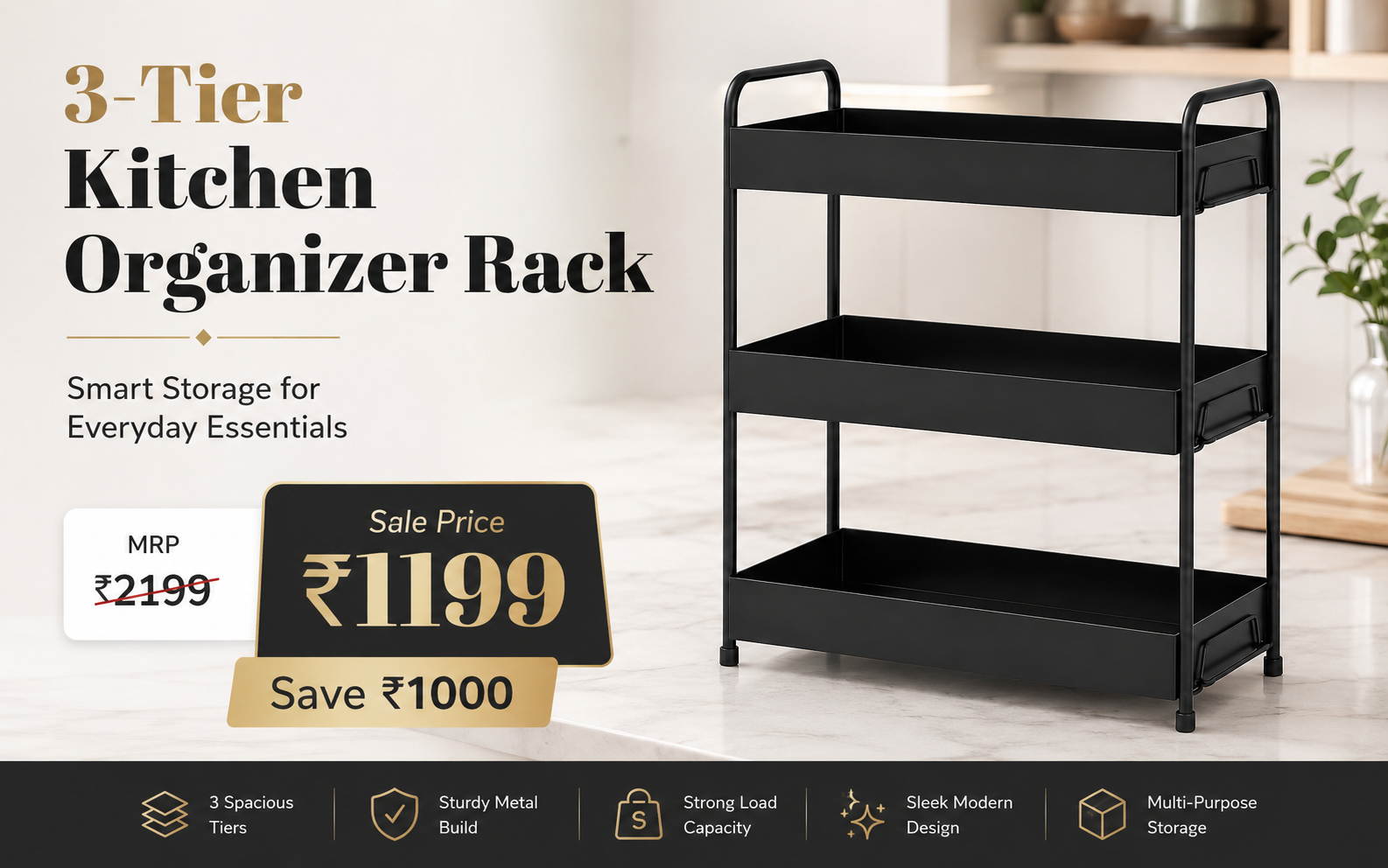 ELV DIRECT 3 tier black kitchen storage rack organizer
