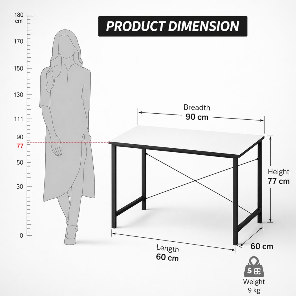 ELV DIRECT Desk Table White dimensions 90 cm width 60 cm depth 77 cm height 9 kg weight