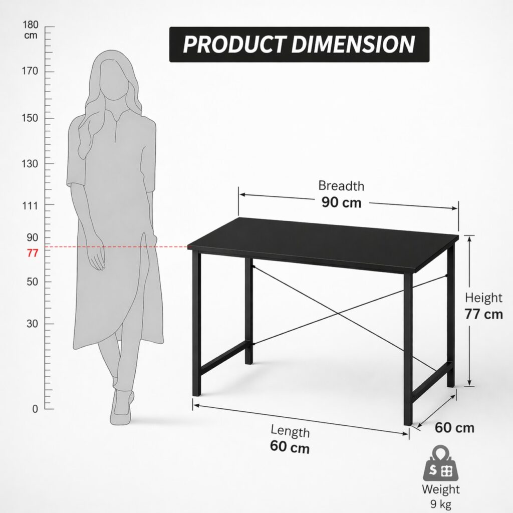 ELV DIRECT Desk Table Black dimensions 90 cm width 60 cm depth 77 cm height 9 kg weight