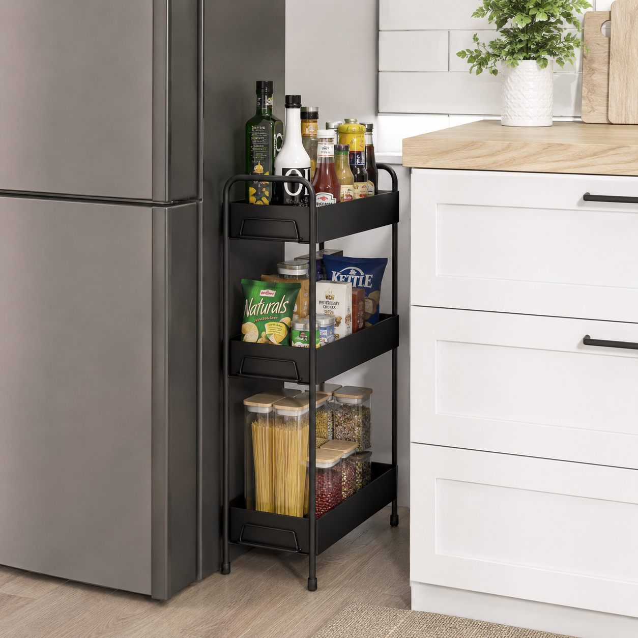 Kitchen countertop rack for daily essentials and pantry items