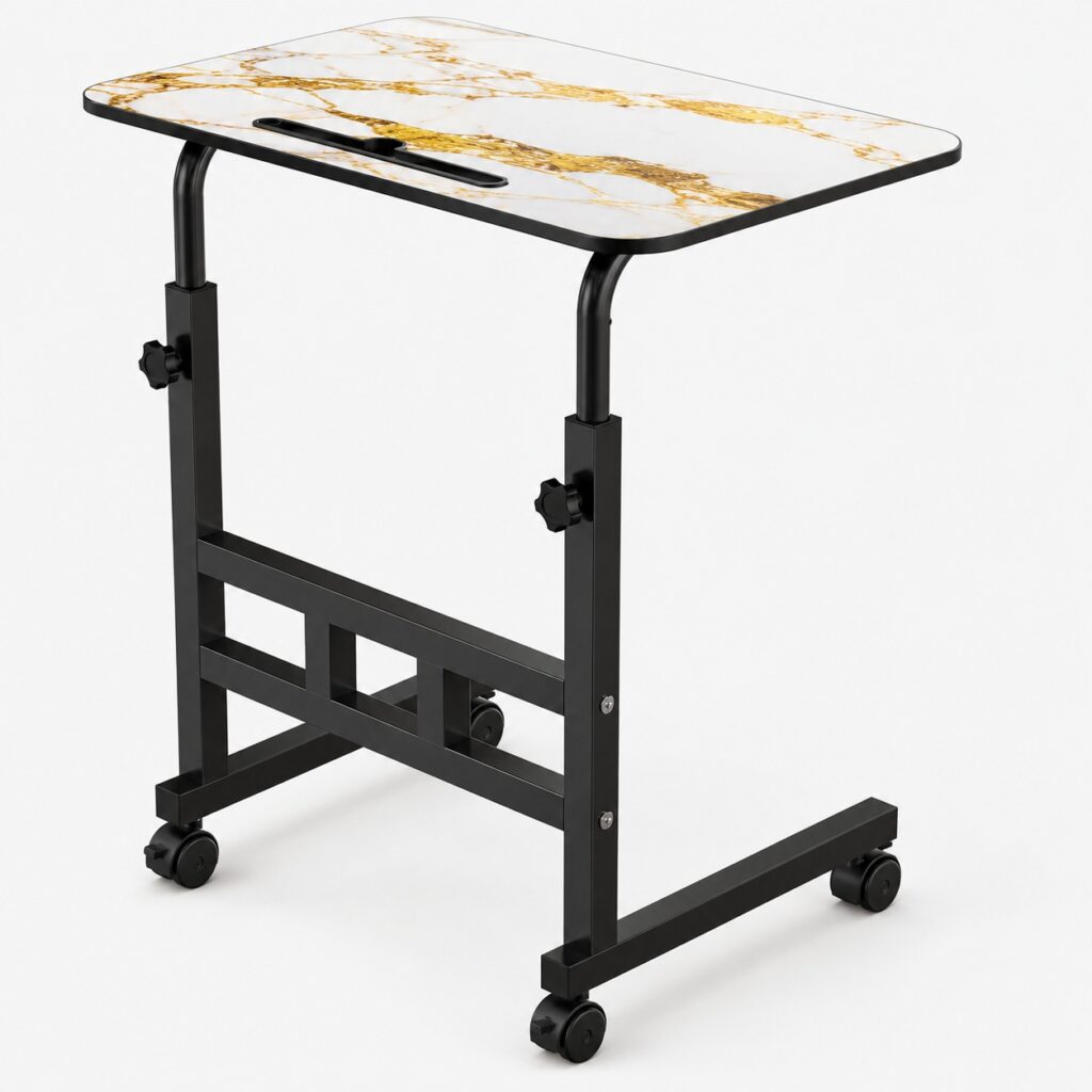 ELV Direct adjustable laptop trolley table with dimensions and white marble top