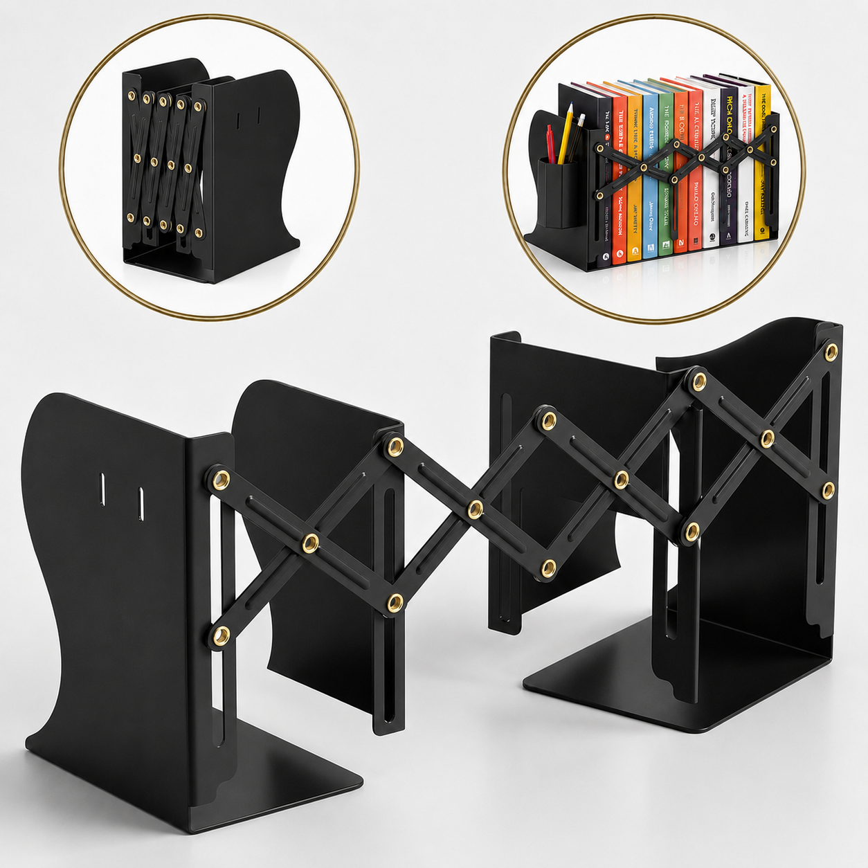 ELV Direct adjustable metal bookend with removable pen holder expandable desk organizer