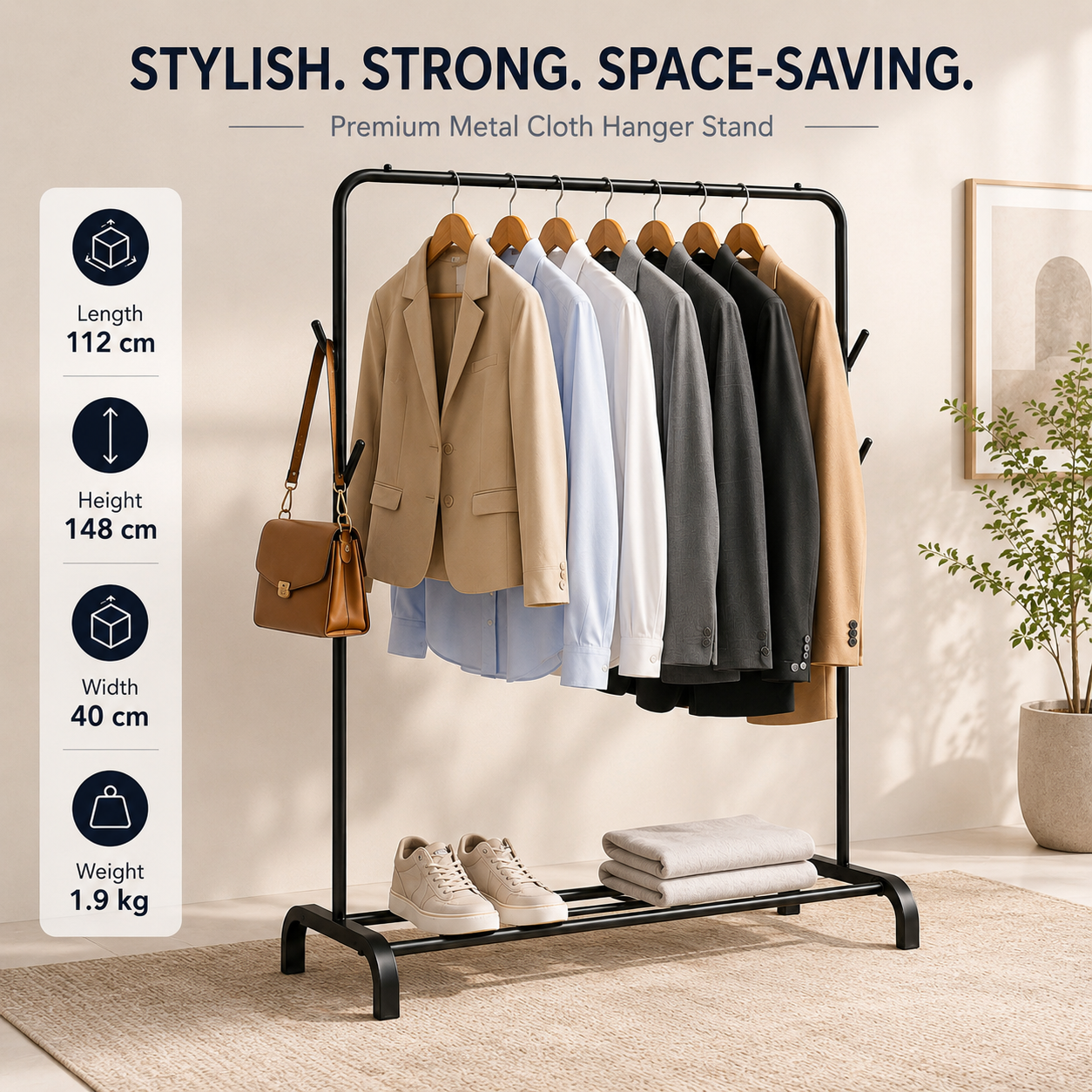 Metal Garment Rack with Bottom Shelf for Shoes and Clothes
