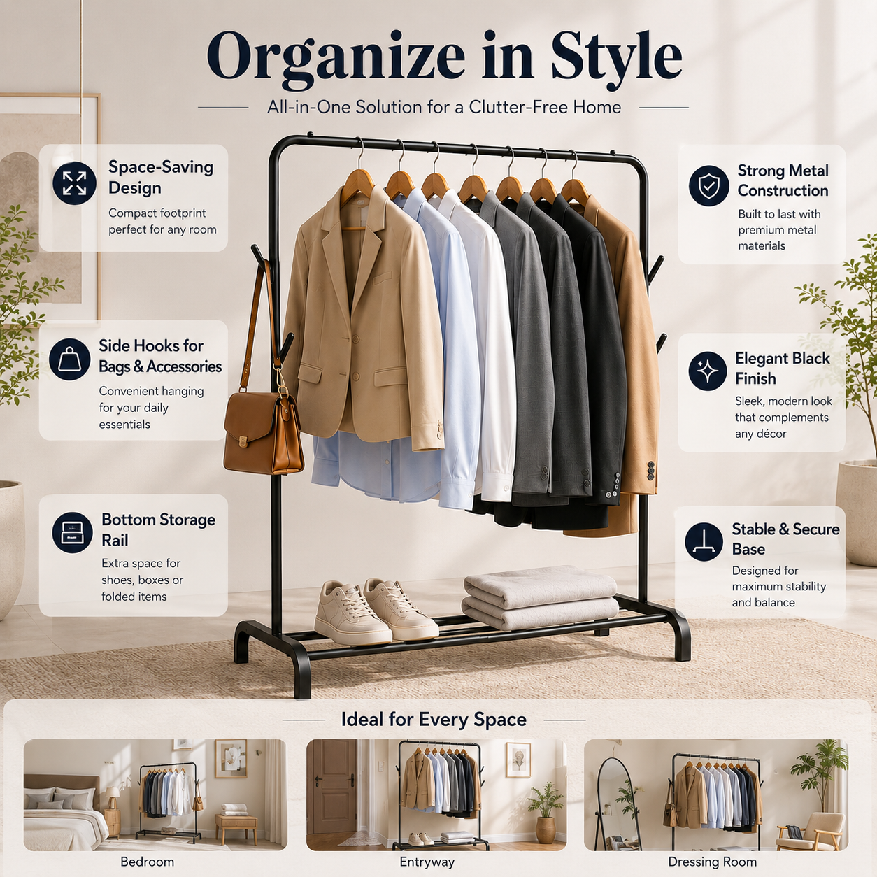Metal Garment Rack with Bottom Shelf for Shoes and Clothes