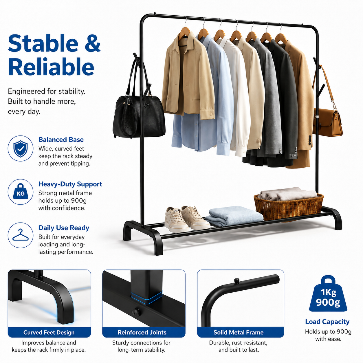 Metal Garment Rack with Bottom Shelf for Shoes and Clothes