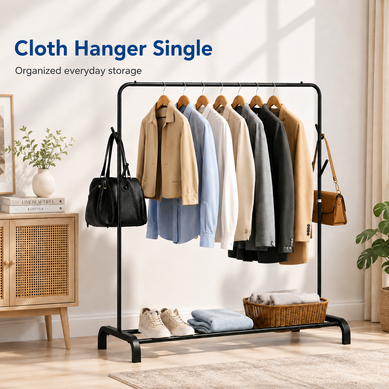 Metal Garment Rack with Bottom Shelf for Shoes and Clothes