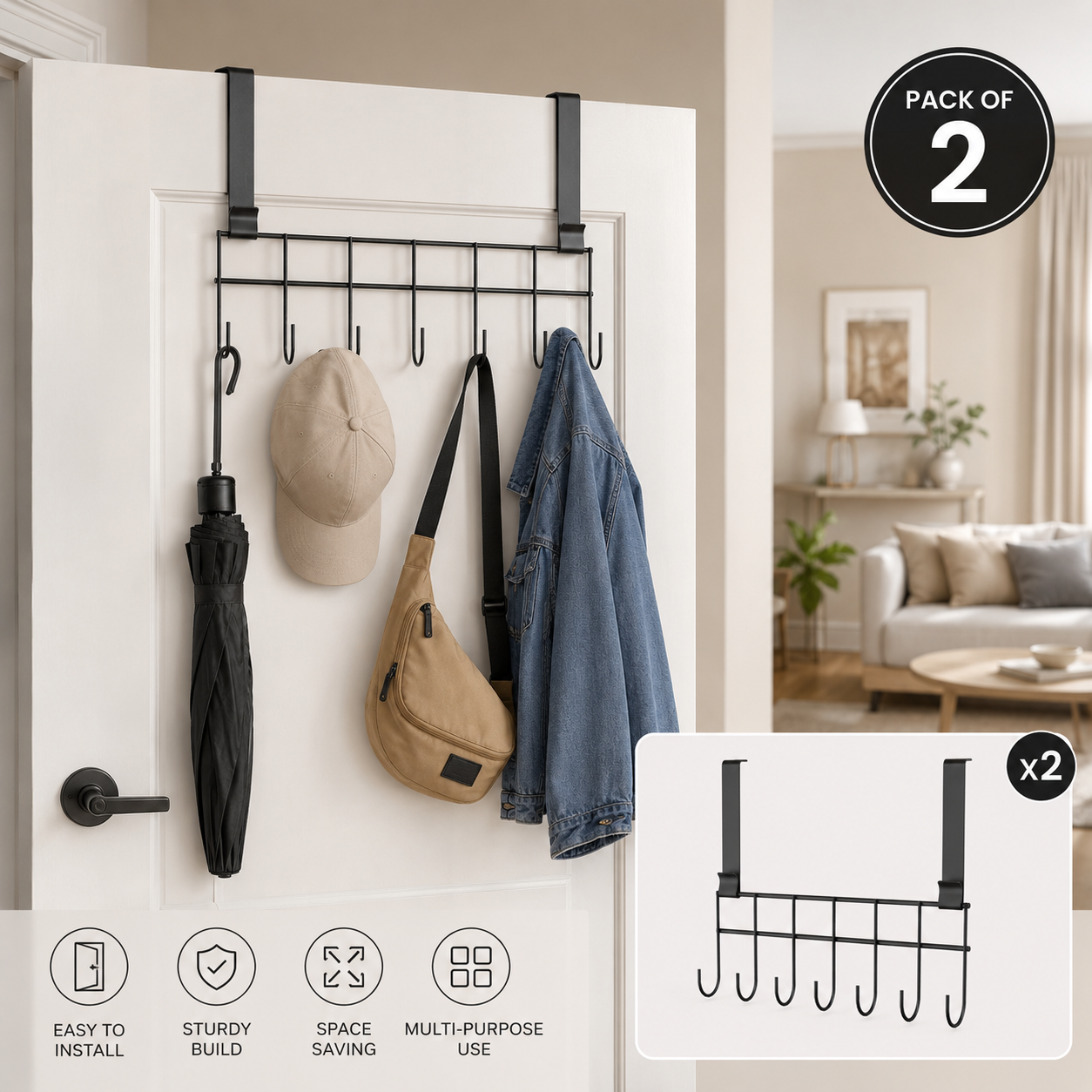 Pack of 2 Metal Door Hook Rack ELV DIRECT
