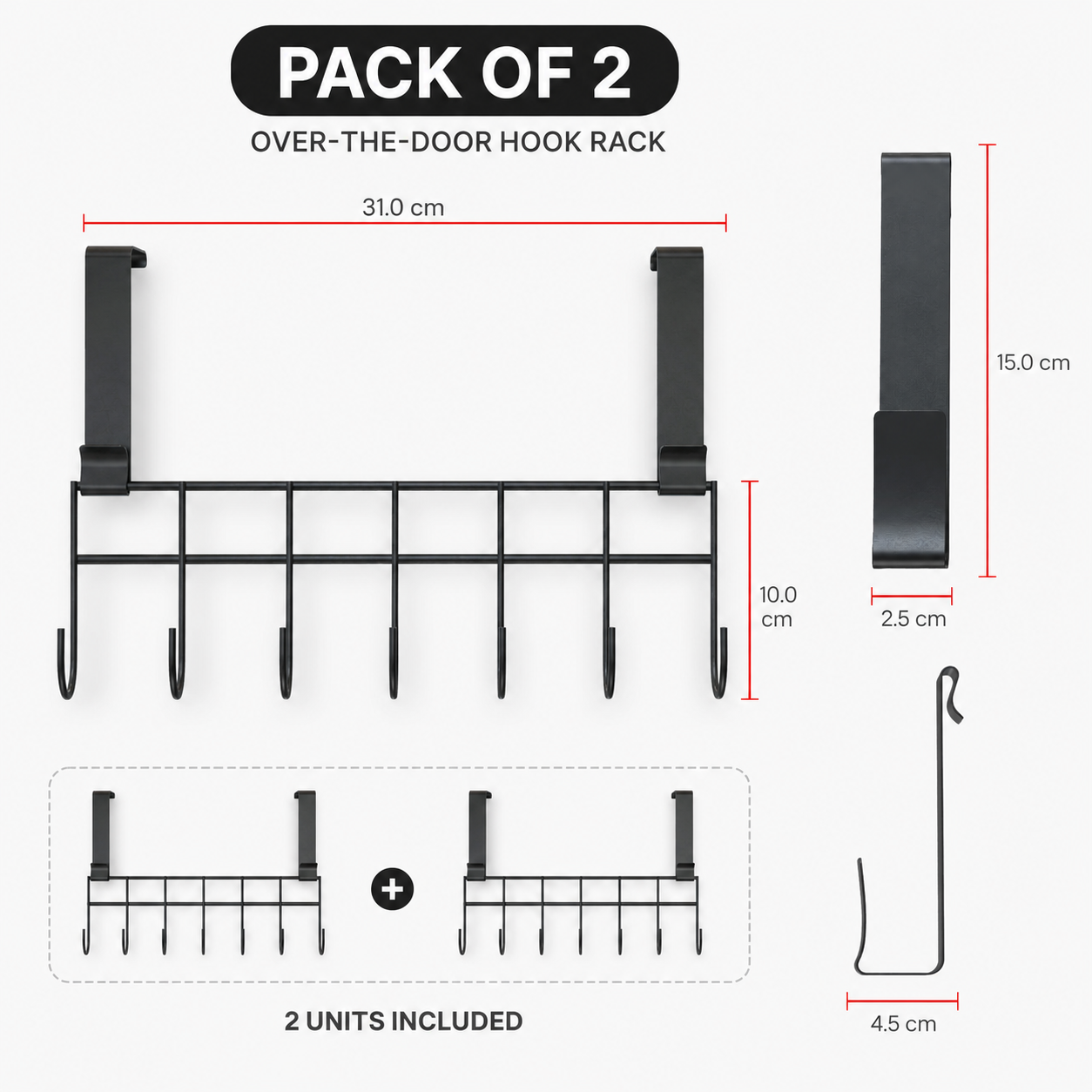Over Door Hook Rack Black for Clothes Towels and Bags