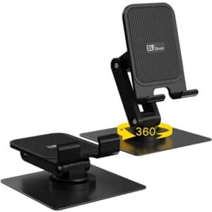ELV DIRECT 360° Rotating Adjustable Mobile Phone Stand for Desk, Foldable Height & Angle Adjustable Anti-Slip Cell Phone Holder, Black for Smartphones & Tablets Universal Compatibility